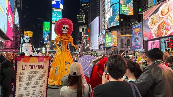 Iconic 'Day of the Dead' Skeleton Visits Times Square